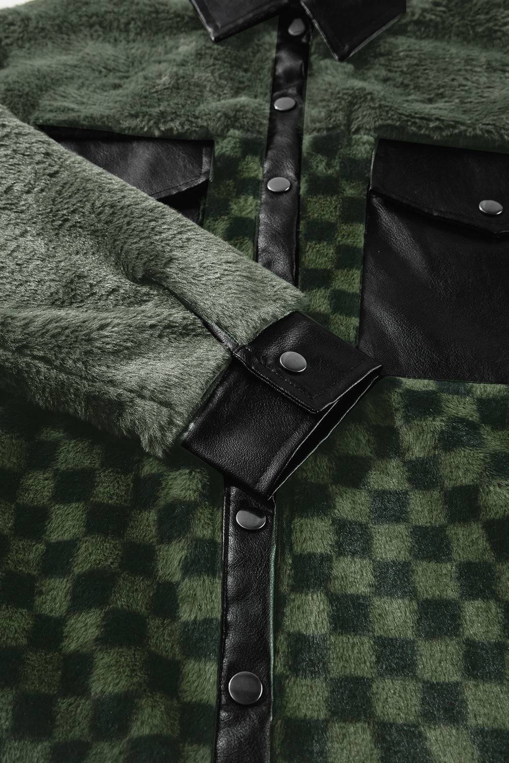 Vineyard Green Fleece Checkerboard Flap Pocket Snap Button Jacket - BB Fashion Outlet