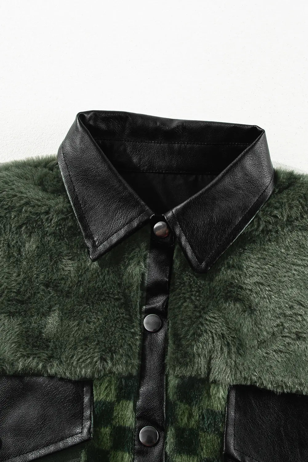 Vineyard Green Fleece Checkerboard Flap Pocket Snap Button Jacket - BB Fashion Outlet