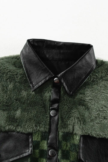 Vineyard Green Fleece Checkerboard Flap Pocket Snap Button Jacket - BB Fashion Outlet