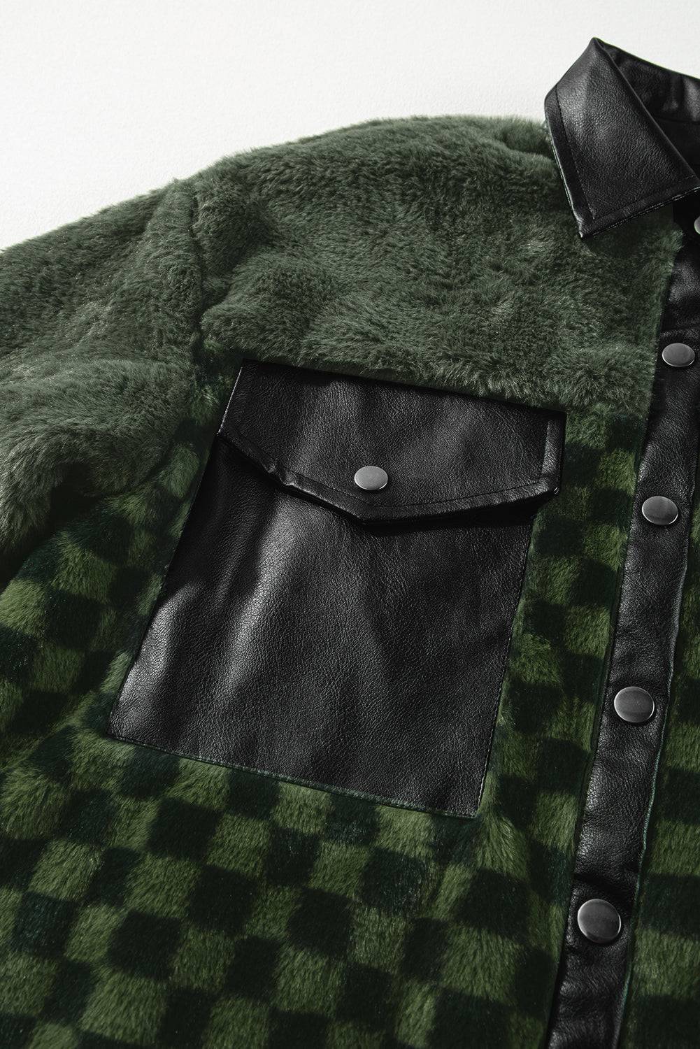Vineyard Green Fleece Checkerboard Flap Pocket Snap Button Jacket - BB Fashion Outlet
