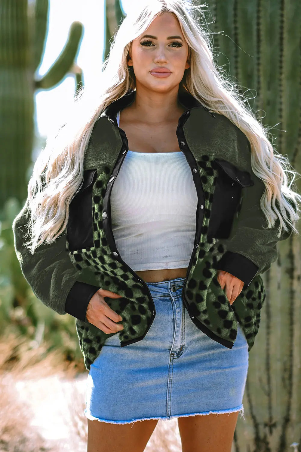 Vineyard Green Fleece Checkerboard Flap Pocket Snap Button Jacket - eAura