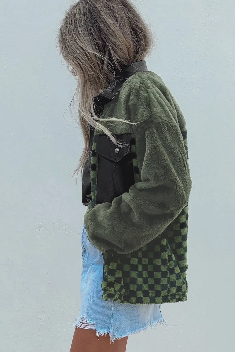 Vineyard Green Fleece Checkerboard Flap Pocket Snap Button Jacket - eAura