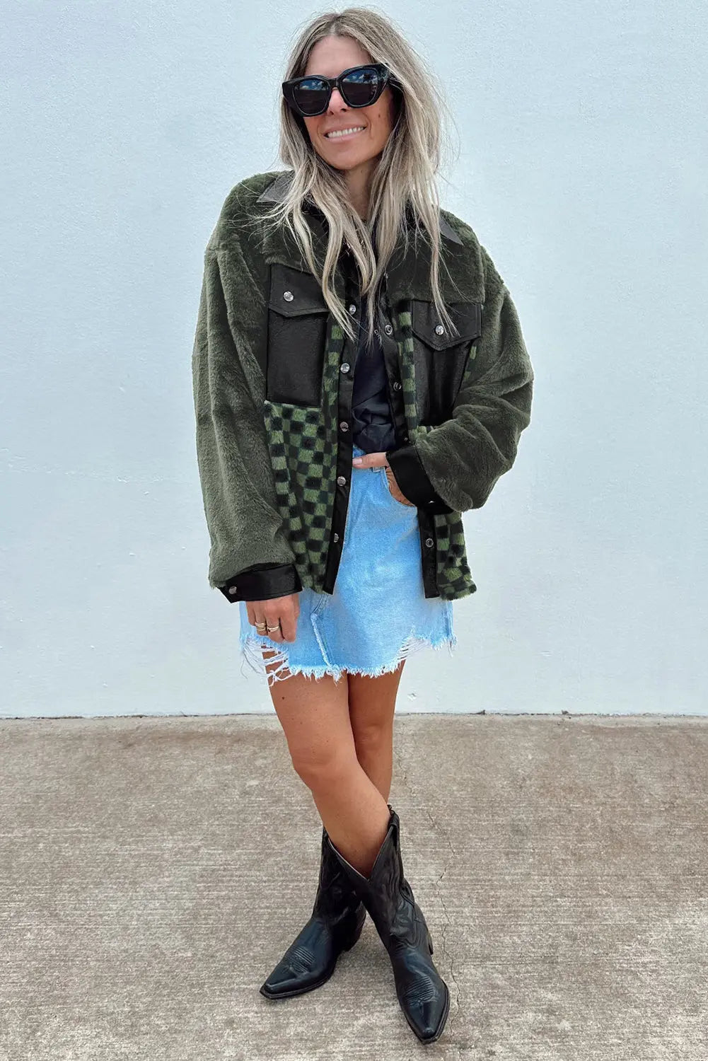 Vineyard Green Fleece Checkerboard Flap Pocket Snap Button Jacket - eAura