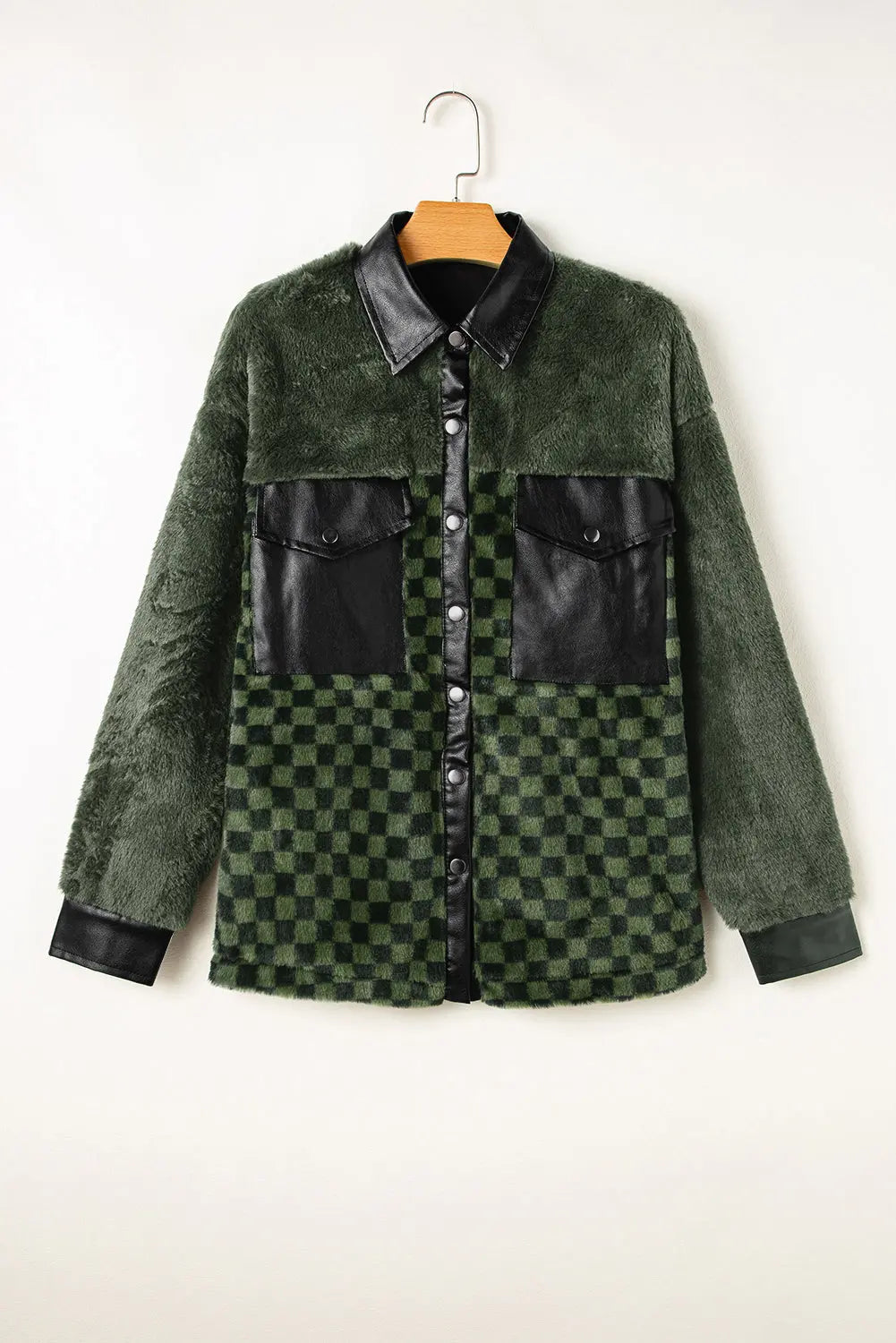 Vineyard Green Fleece Checkerboard Flap Pocket Snap Button Jacket - eAura