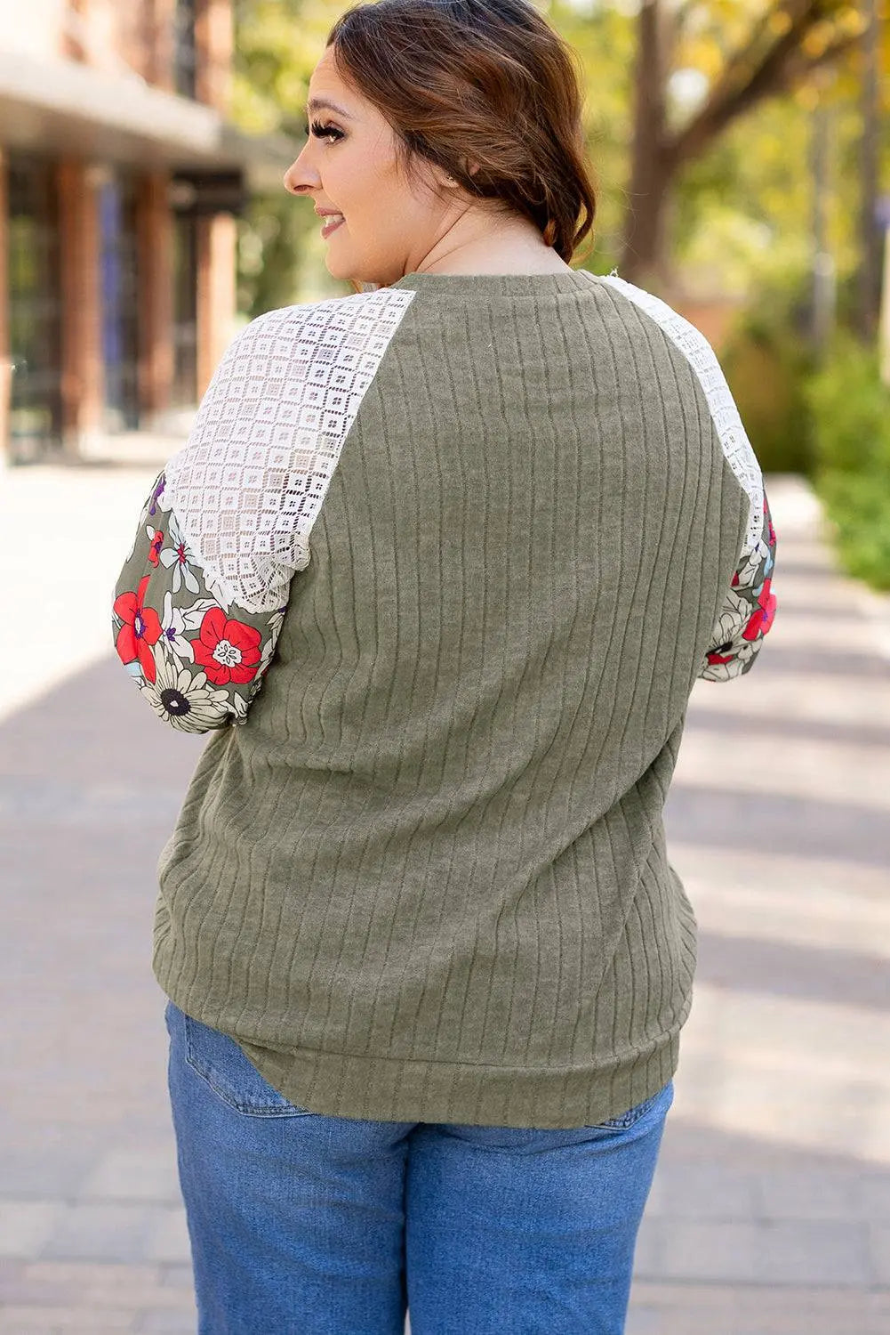Vineyard Green Plus Size Textured Floral Patchwork Raglan Sleeve Blouse - BB Fashion Outlet