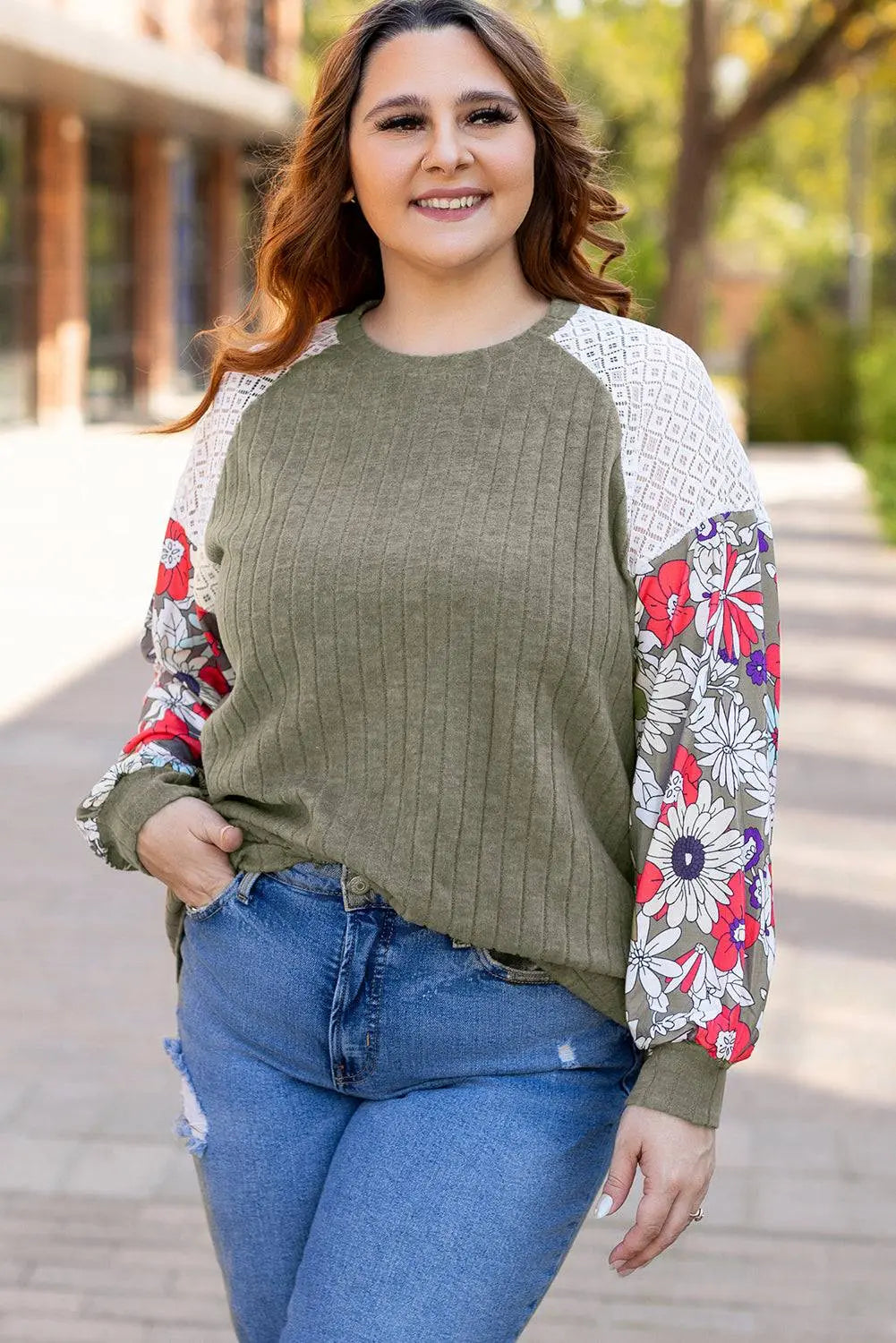 Vineyard Green Plus Size Textured Floral Patchwork Raglan Sleeve Blouse - BB Fashion Outlet