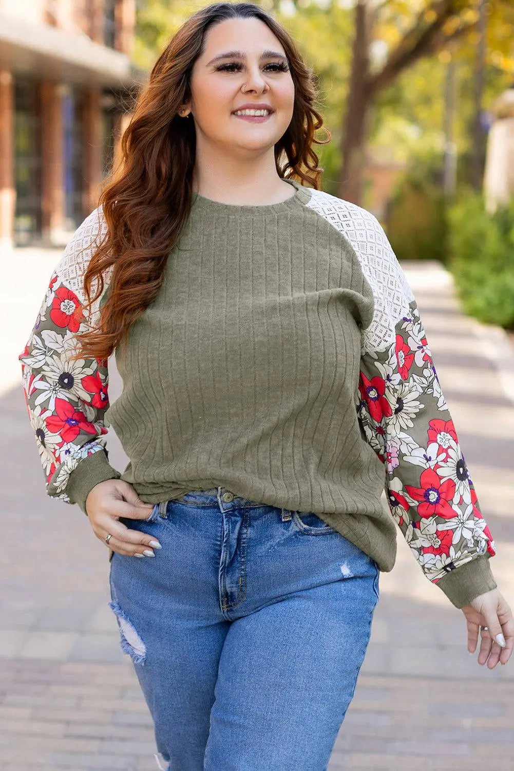 Vineyard Green Plus Size Textured Floral Patchwork Raglan Sleeve Blouse - BB Fashion Outlet