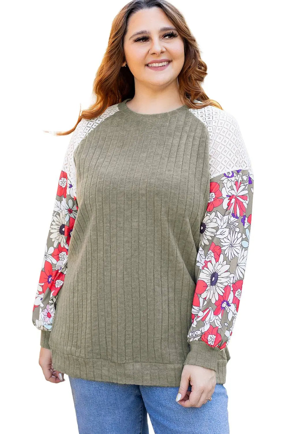 Vineyard Green Plus Size Textured Floral Patchwork Raglan Sleeve Blouse - BB Fashion Outlet