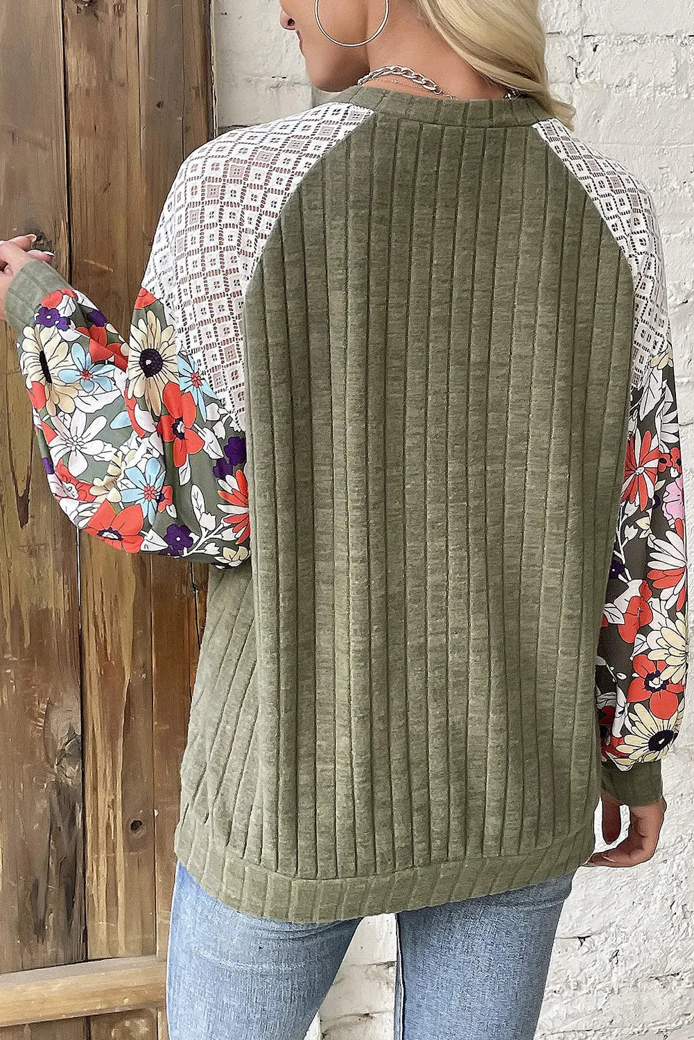 Vineyard Green Plus Size Textured Floral Patchwork Raglan Sleeve Blouse - eAura
