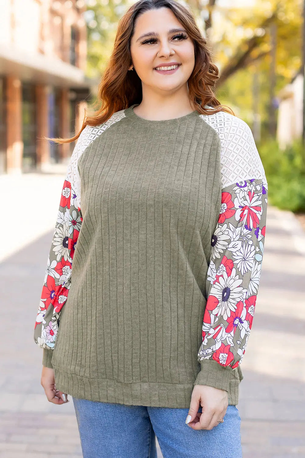 Vineyard Green Plus Size Textured Floral Patchwork Raglan Sleeve Blouse - Size/Plus Tops/Plus Blouses & Shirts