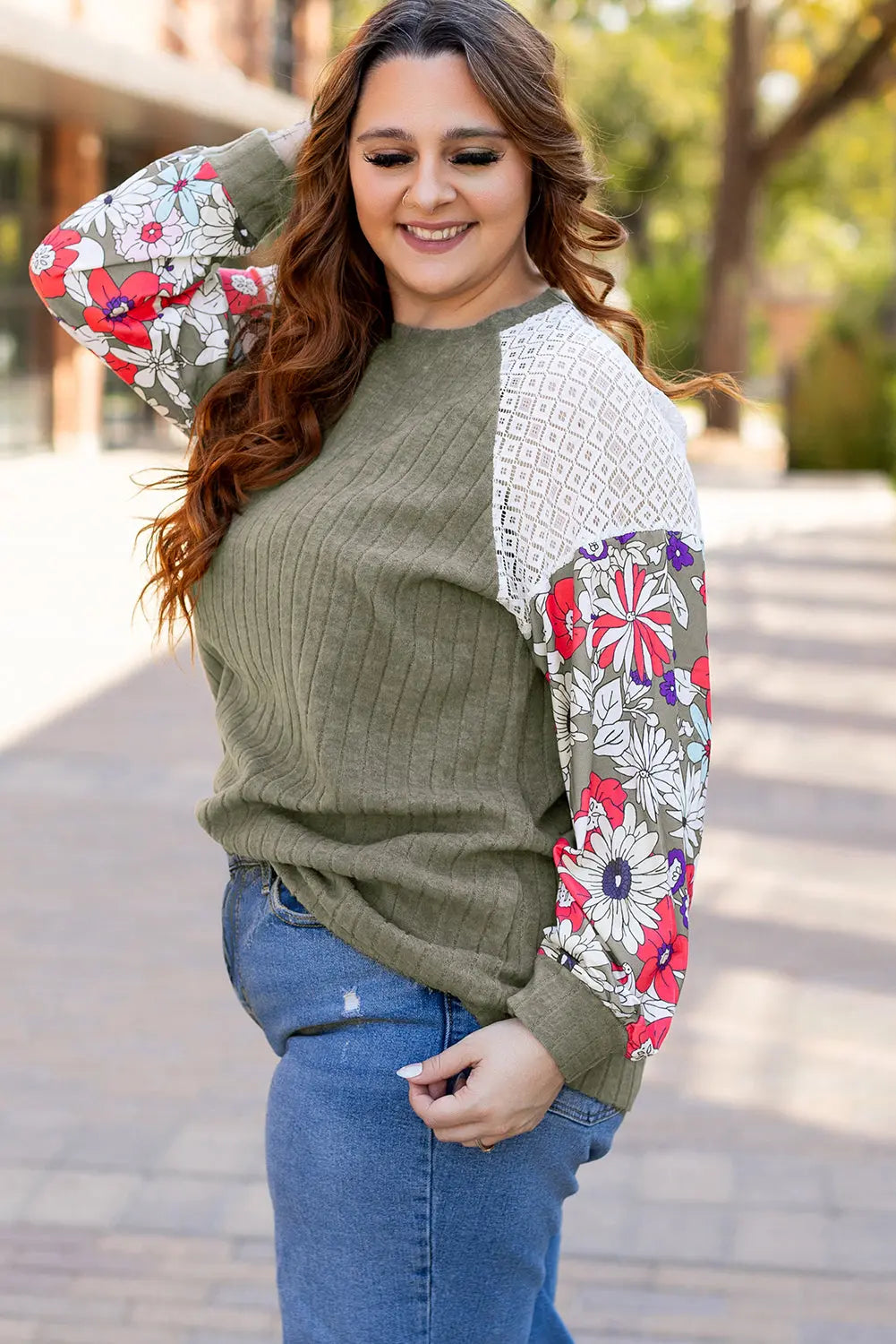 Vineyard Green Plus Size Textured Floral Patchwork Raglan Sleeve Blouse - Size/Plus Tops/Plus Blouses & Shirts