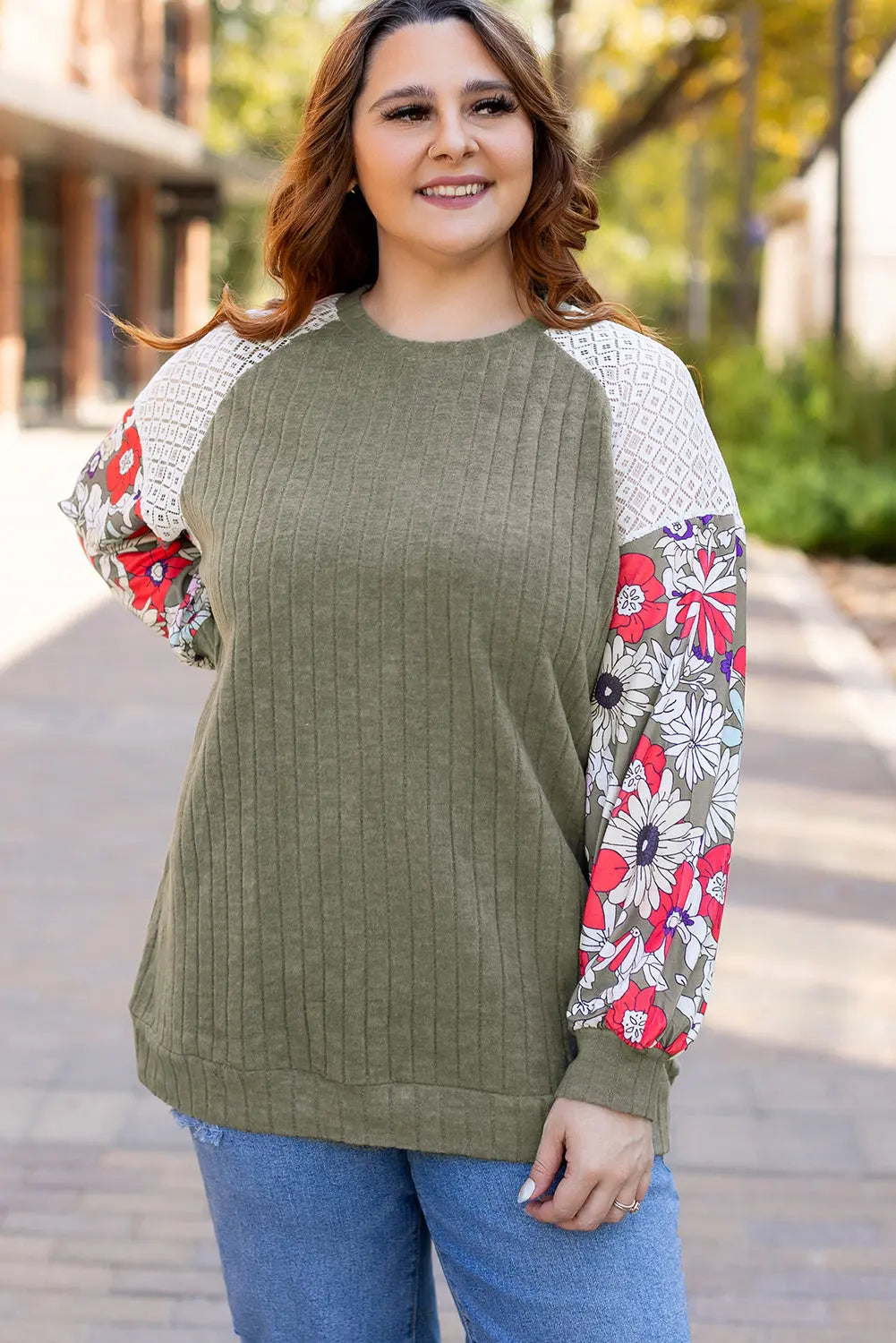 Vineyard Green Plus Size Textured Floral Patchwork Raglan Sleeve Blouse - Size/Plus Tops/Plus Blouses & Shirts