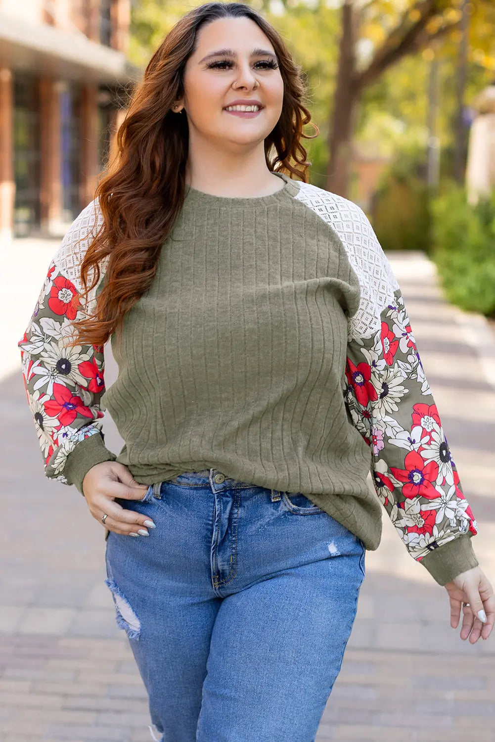 Vineyard Green Plus Size Textured Floral Patchwork Raglan Sleeve Blouse - Size/Plus Tops/Plus Blouses & Shirts