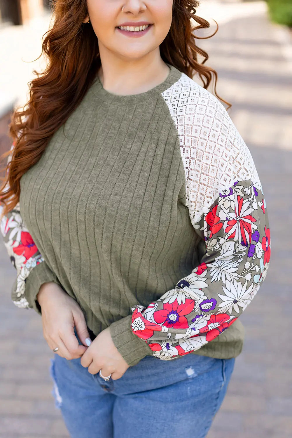 Vineyard Green Plus Size Textured Floral Patchwork Raglan Sleeve Blouse - Size/Plus Tops/Plus Blouses & Shirts