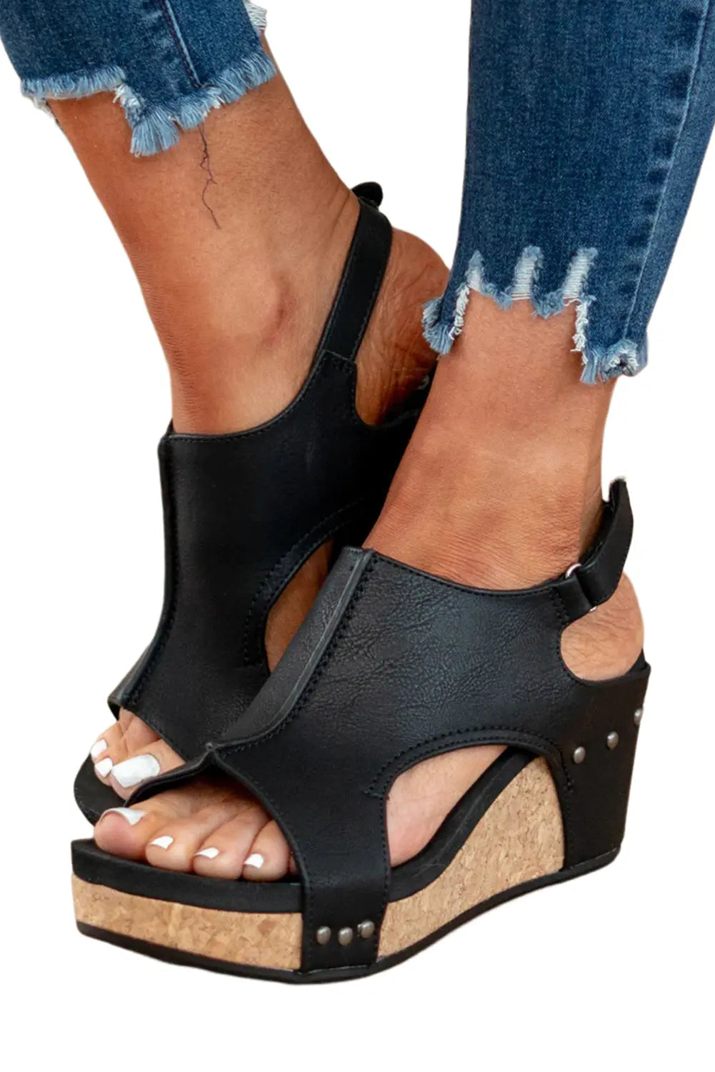 Vintage Leather Stitching Studded Wedge Sandals - eAura