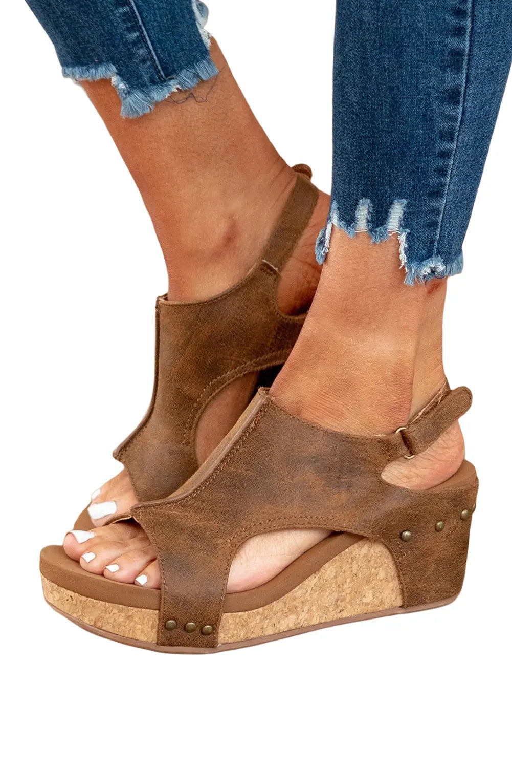 Vintage Leather Stitching Studded Wedge Sandals - eAura