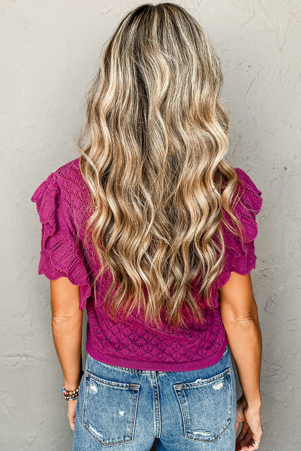 Violet Ruffled Short Sleeve Textured Knit Sweater - eAura