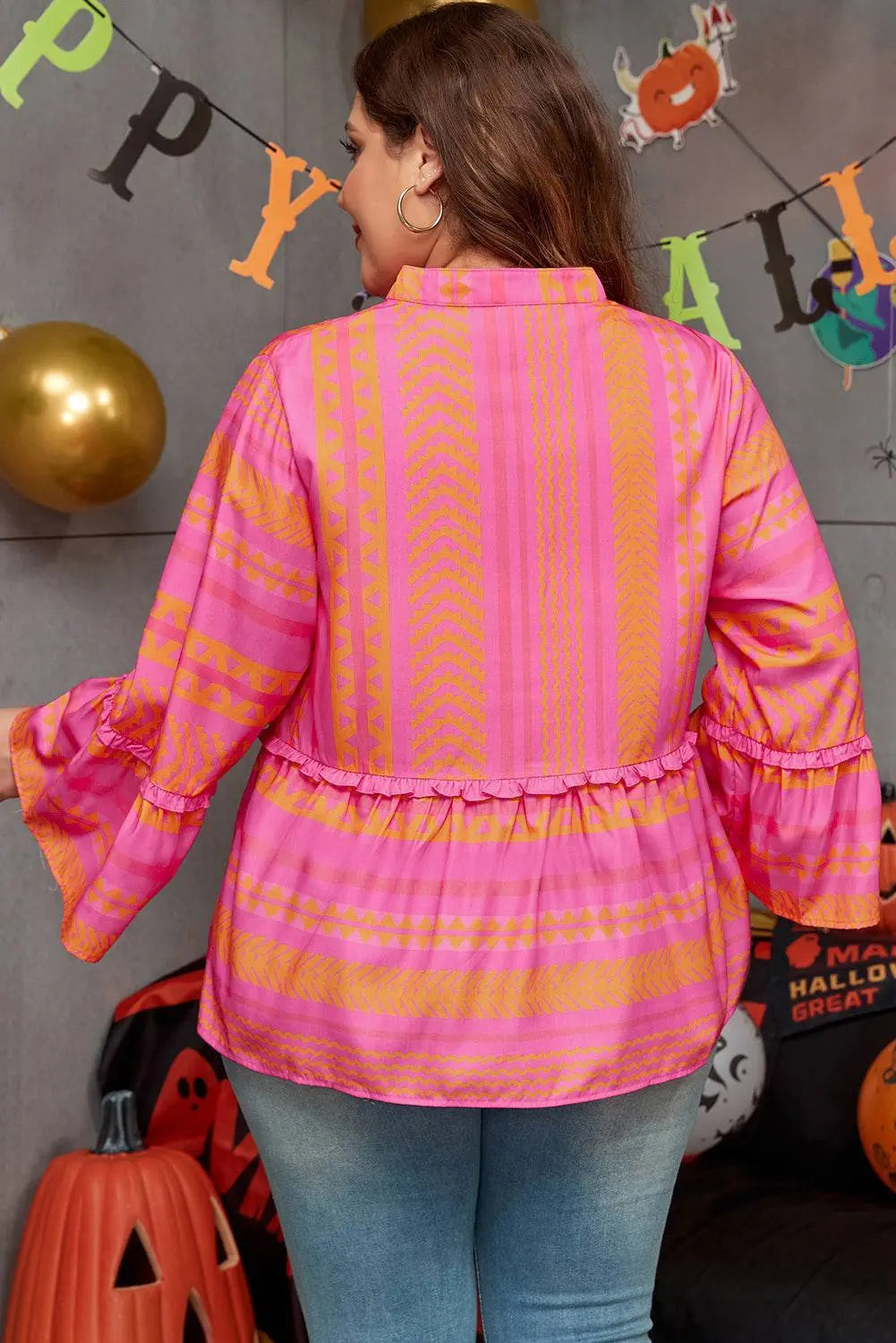 Vitality Orange Plus Size Geometric Embroidered Bell Sleeve Babydoll Blouse - BB Fashion Outlet