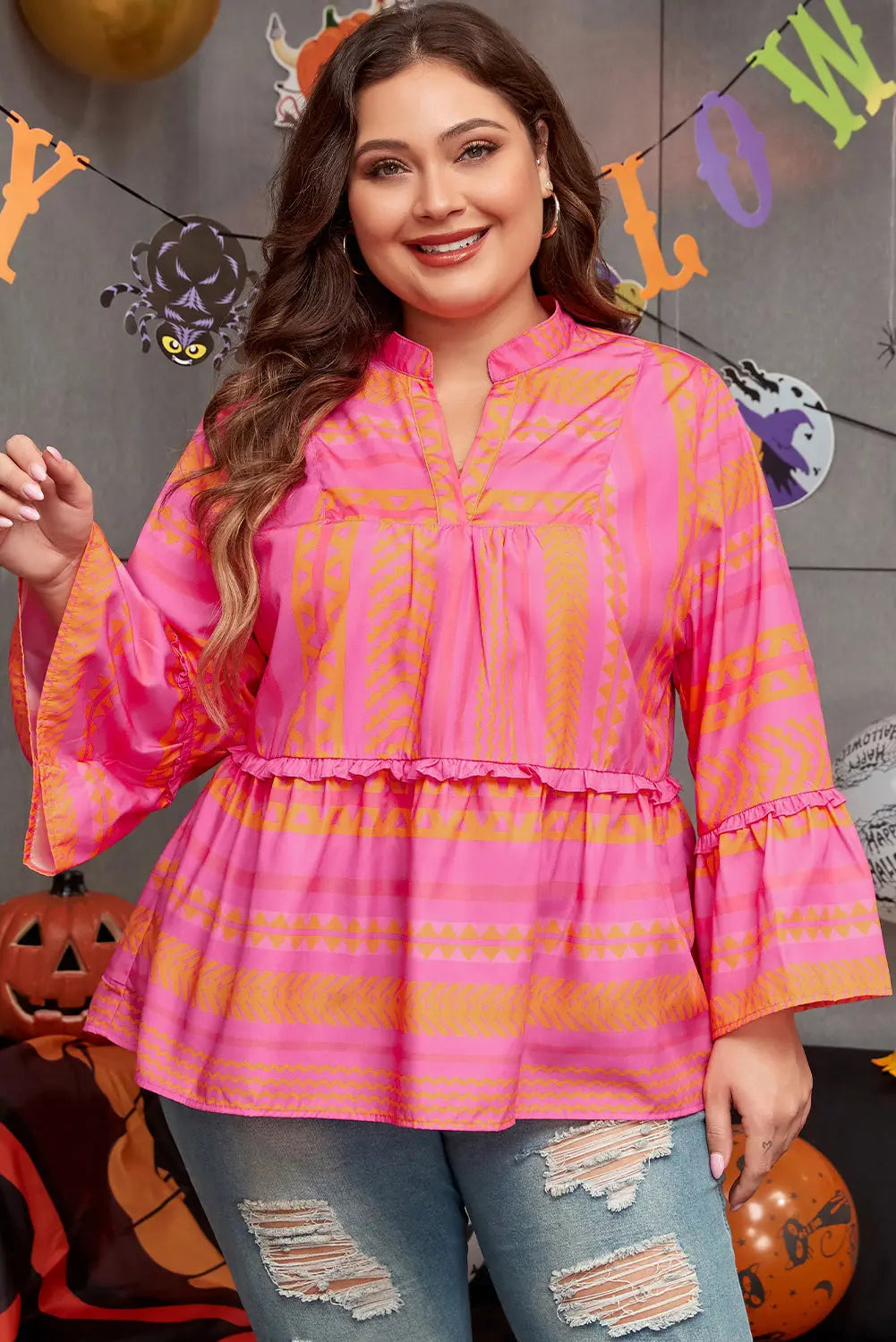 Vitality Orange Plus Size Geometric Embroidered Bell Sleeve Babydoll Blouse - eAura