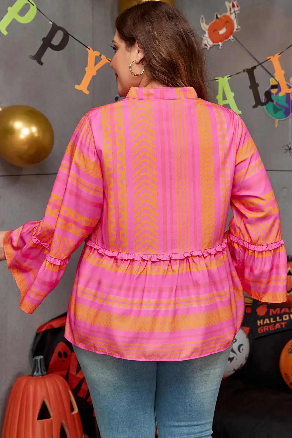 Vitality Orange Plus Size Geometric Embroidered Bell Sleeve Babydoll Blouse - eAura