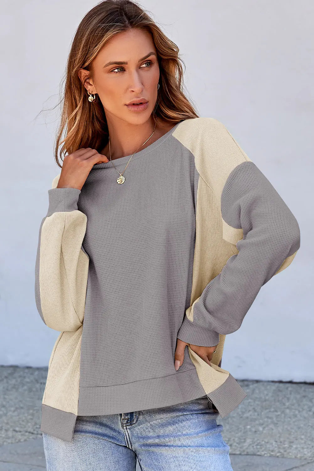 Waffle High Low Raglan Sleeve Sweatshirt - eAura