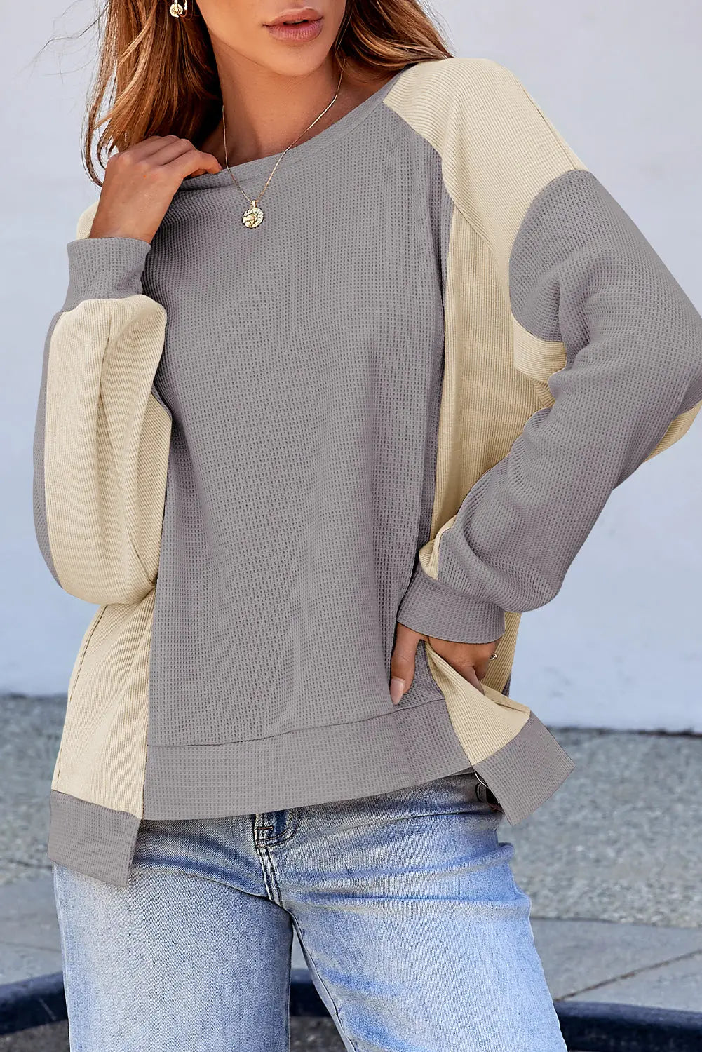 Waffle High Low Raglan Sleeve Sweatshirt - eAura