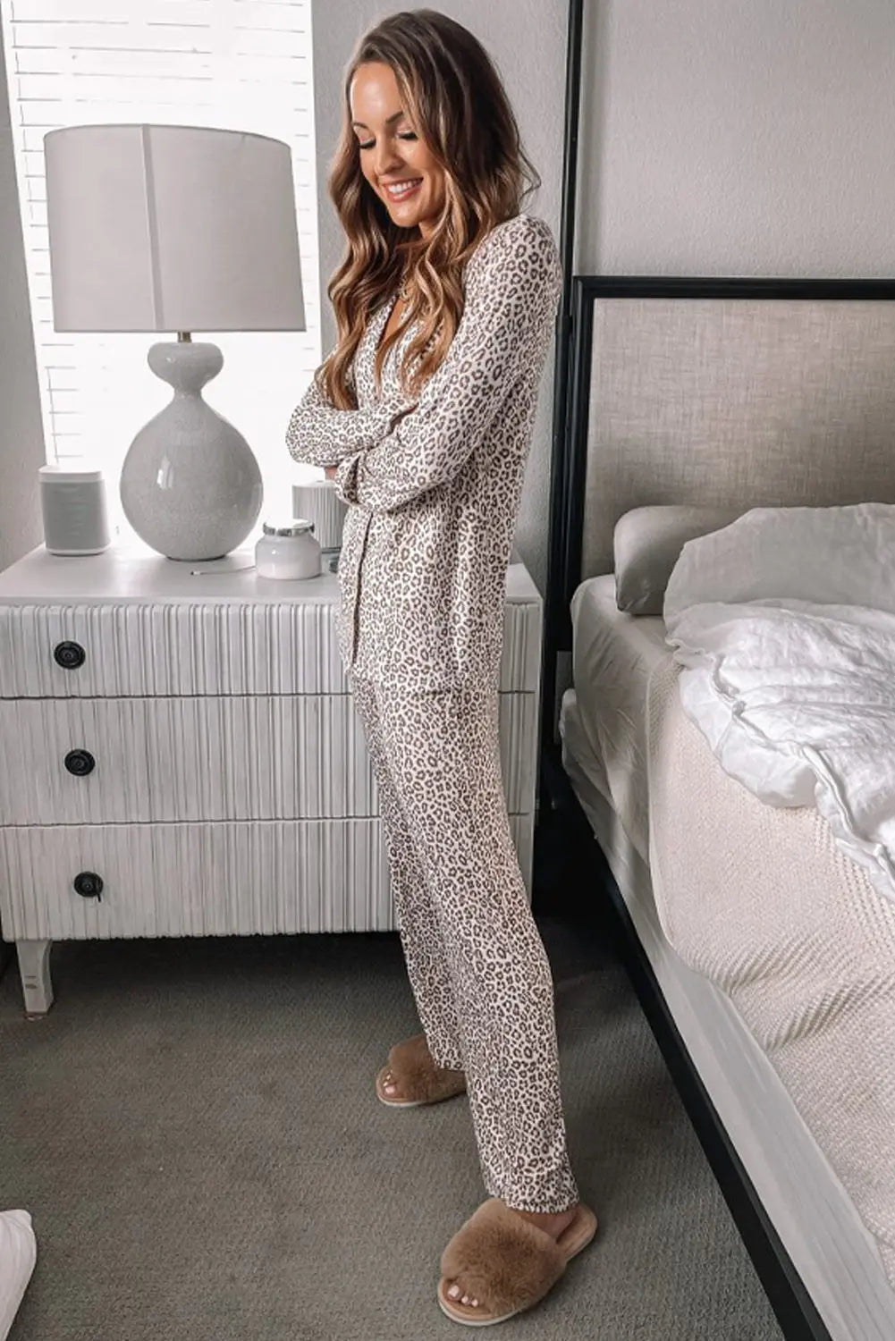 White Allover Leopard Print Long Sleeve and Trousers Pajama Set - eAura