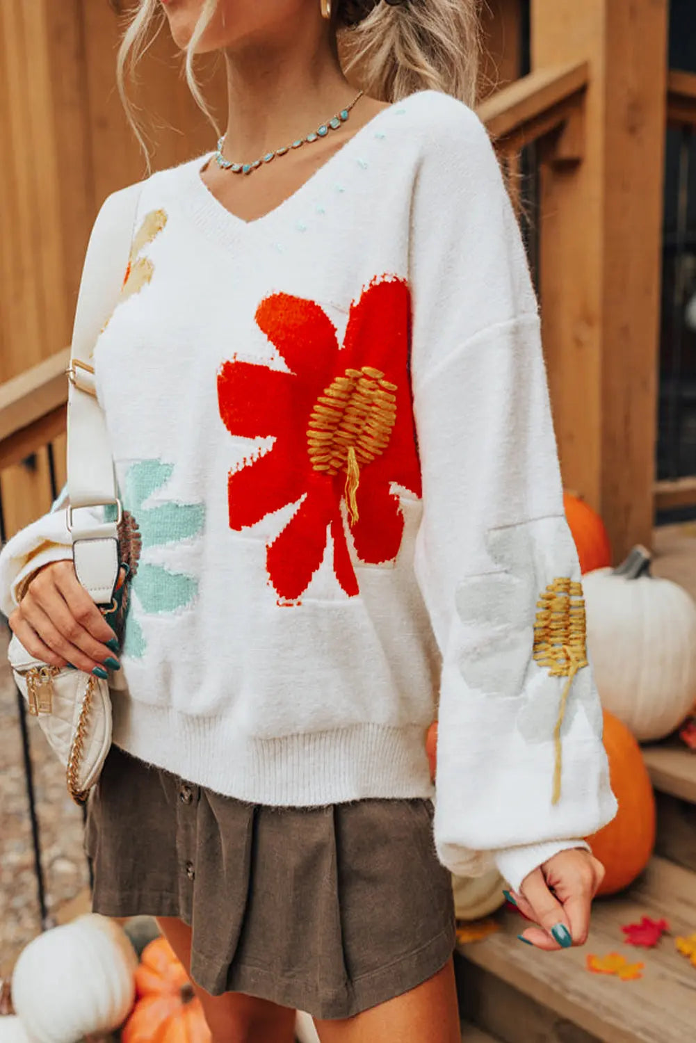 White Big Flower Pattern V Neck Drop Shoulder Sweater - BB Fashion Outlet