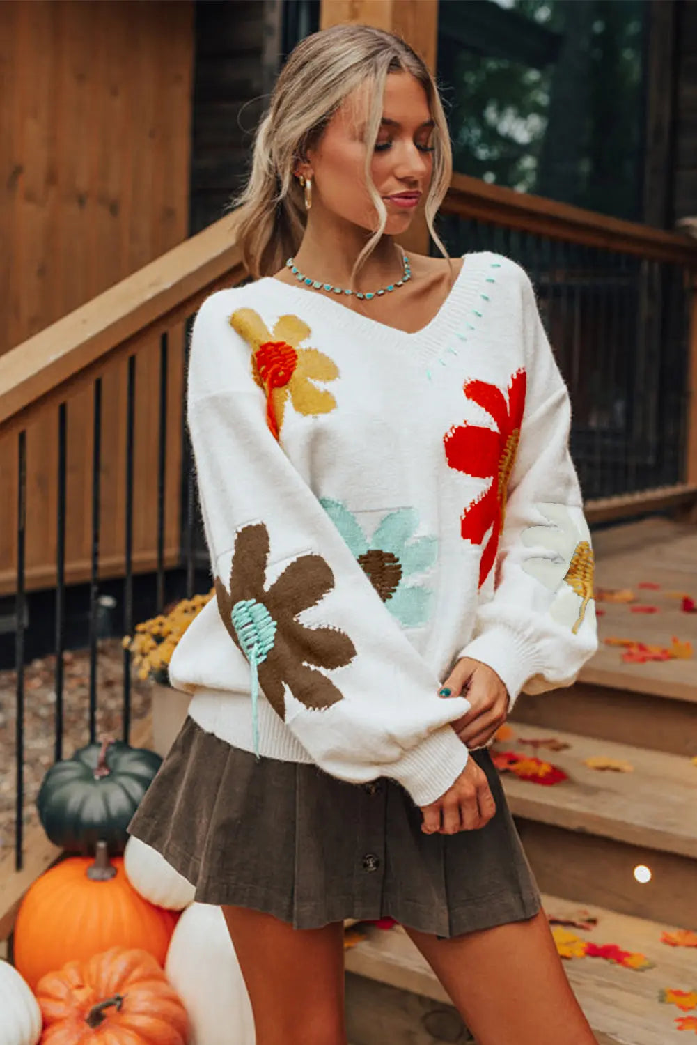 White Big Flower Pattern V Neck Drop Shoulder Sweater - BB Fashion Outlet