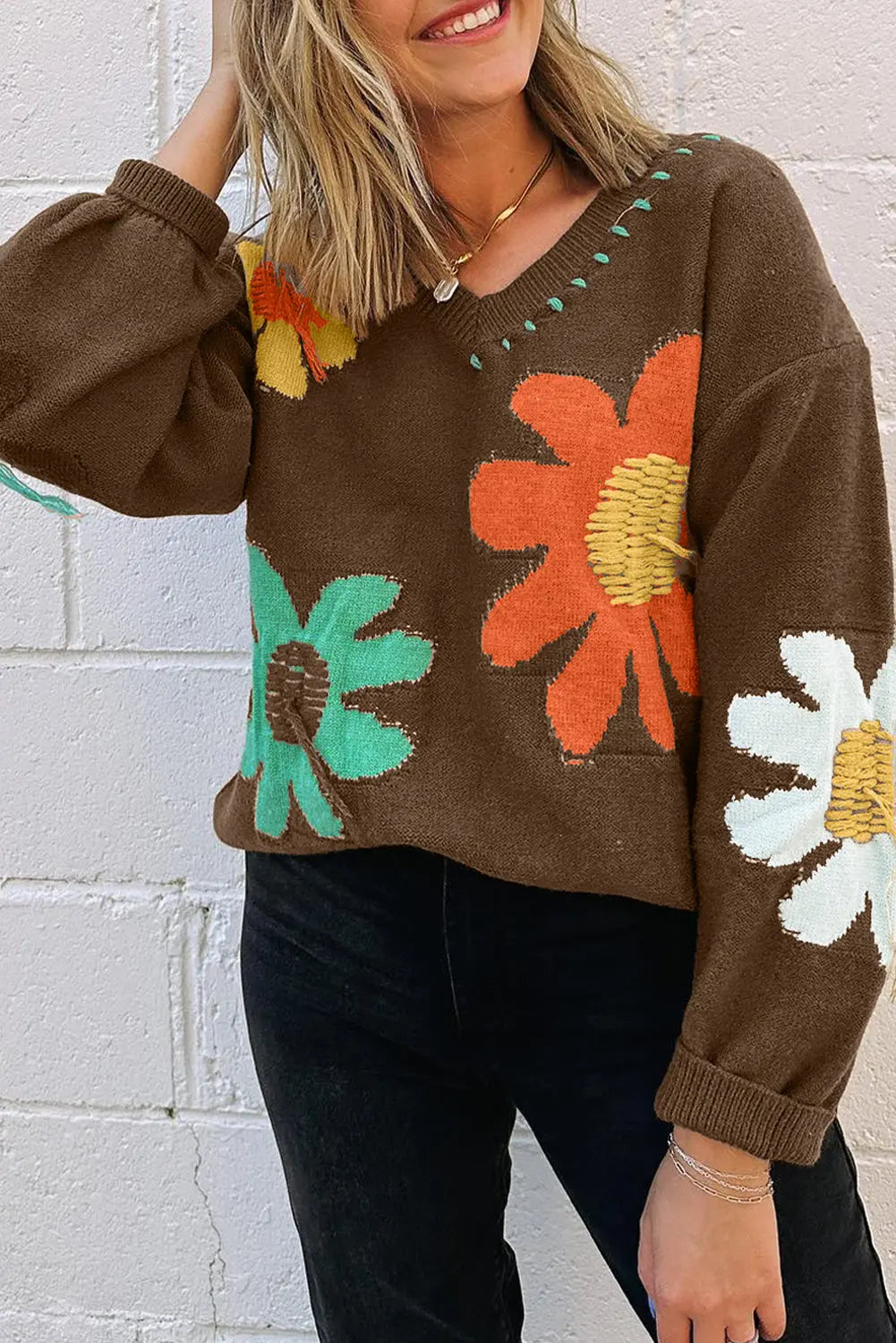 White Big Flower Pattern V Neck Drop Shoulder Sweater - BB Fashion Outlet