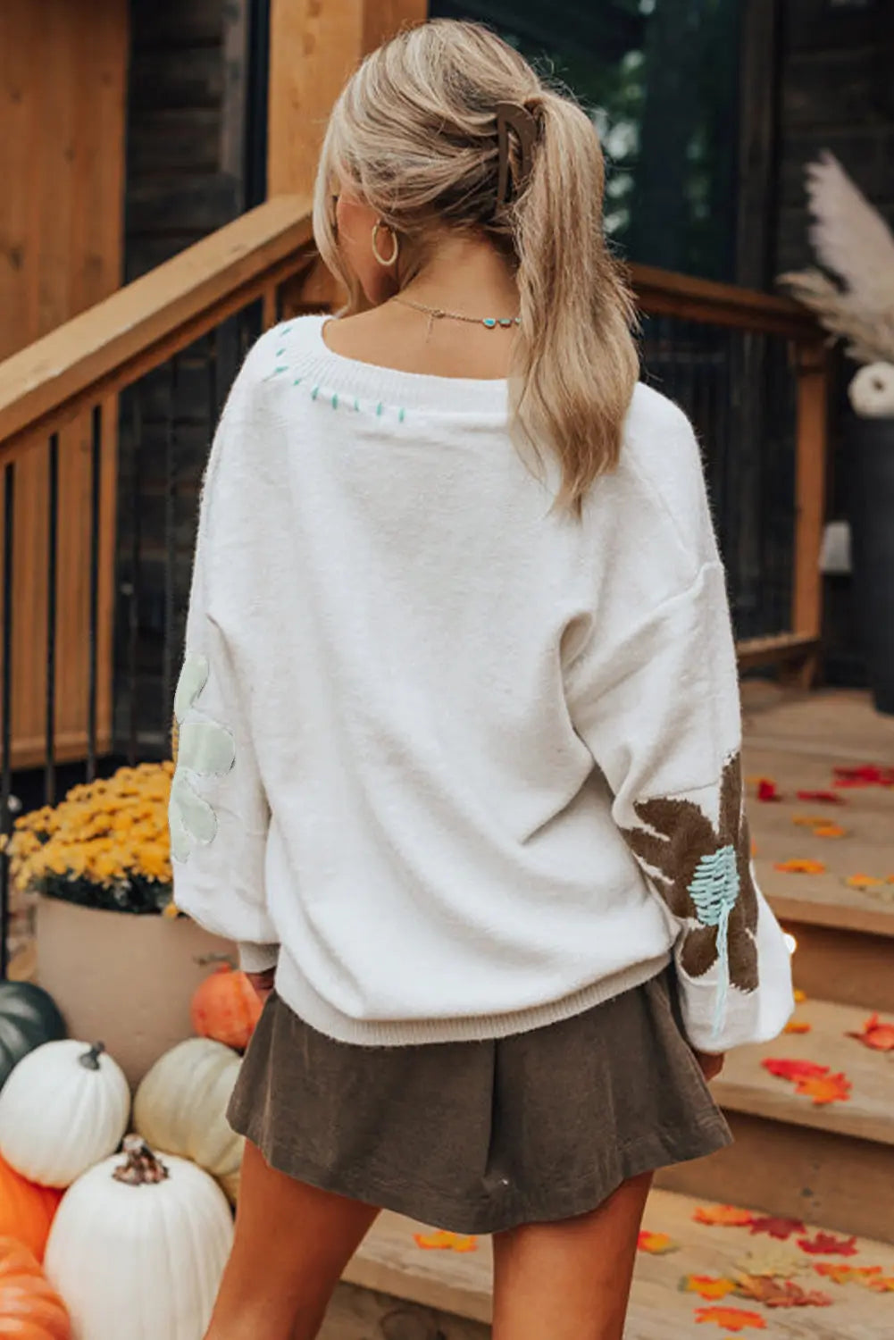 White Big Flower Pattern V Neck Drop Shoulder Sweater - BB Fashion Outlet