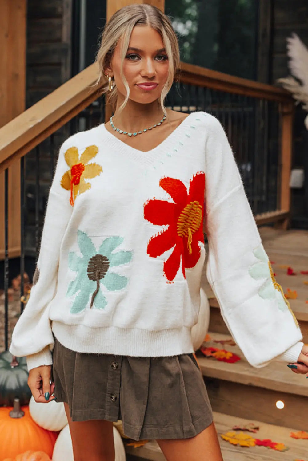 White Big Flower Pattern V Neck Drop Shoulder Sweater - BB Fashion Outlet