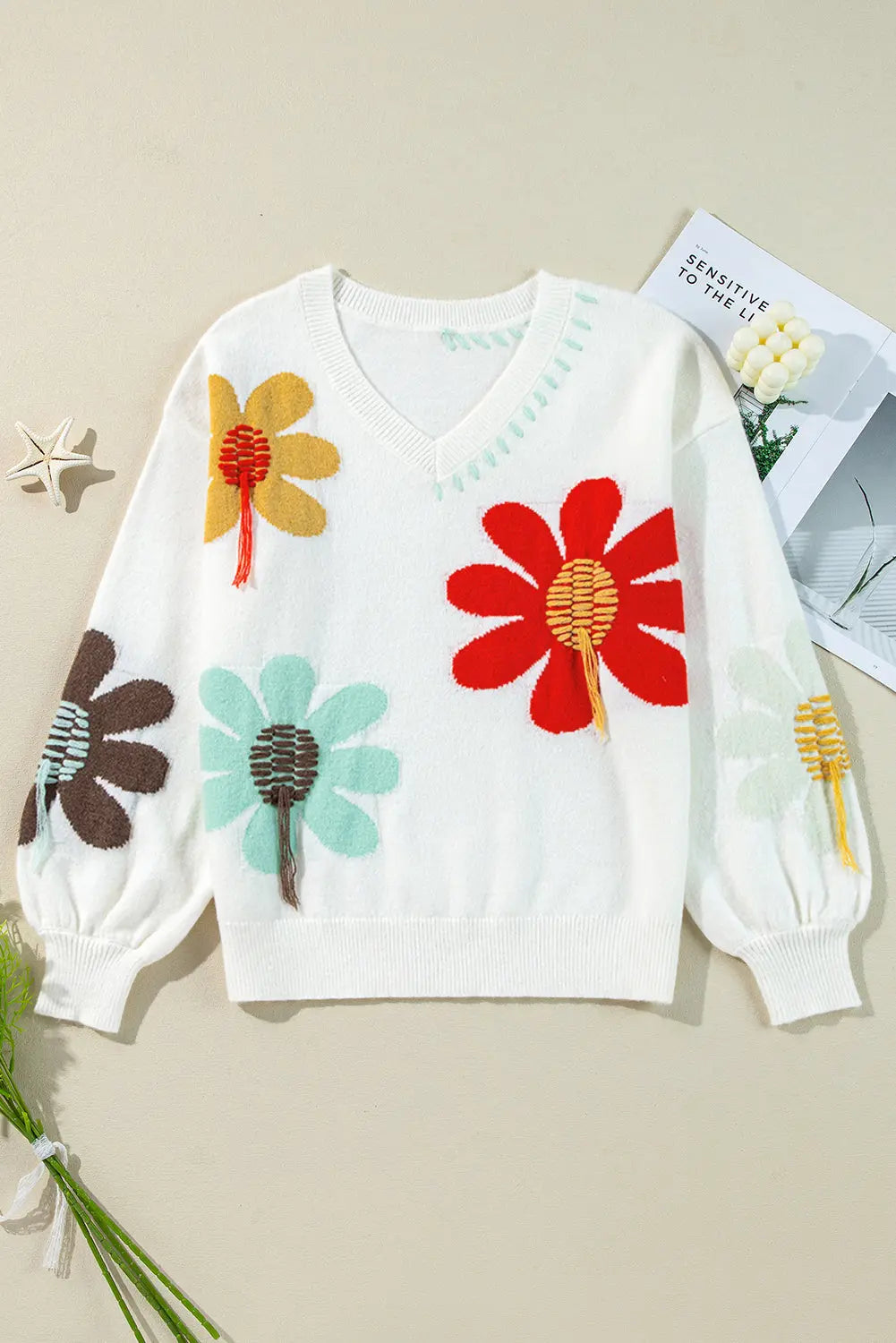 White Big Flower Pattern V Neck Drop Shoulder Sweater - BB Fashion Outlet