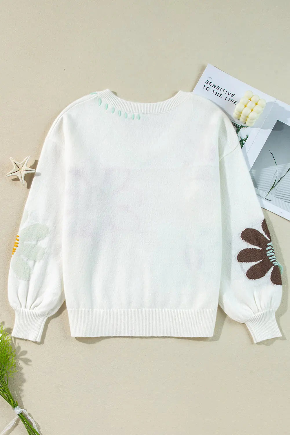 White Big Flower Pattern V Neck Drop Shoulder Sweater - BB Fashion Outlet