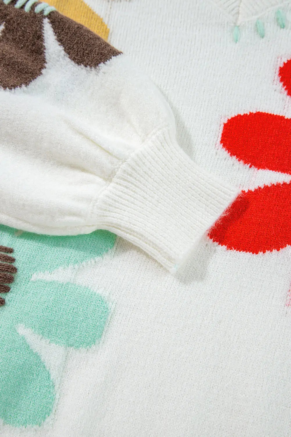White Big Flower Pattern V Neck Drop Shoulder Sweater - BB Fashion Outlet
