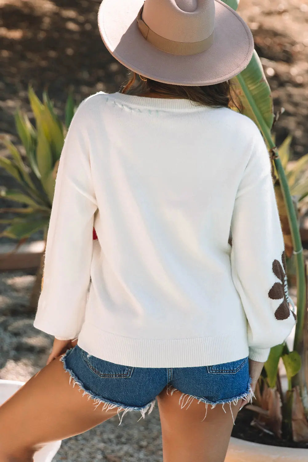 White Big Flower Pattern V Neck Drop Shoulder Sweater - BB Fashion Outlet