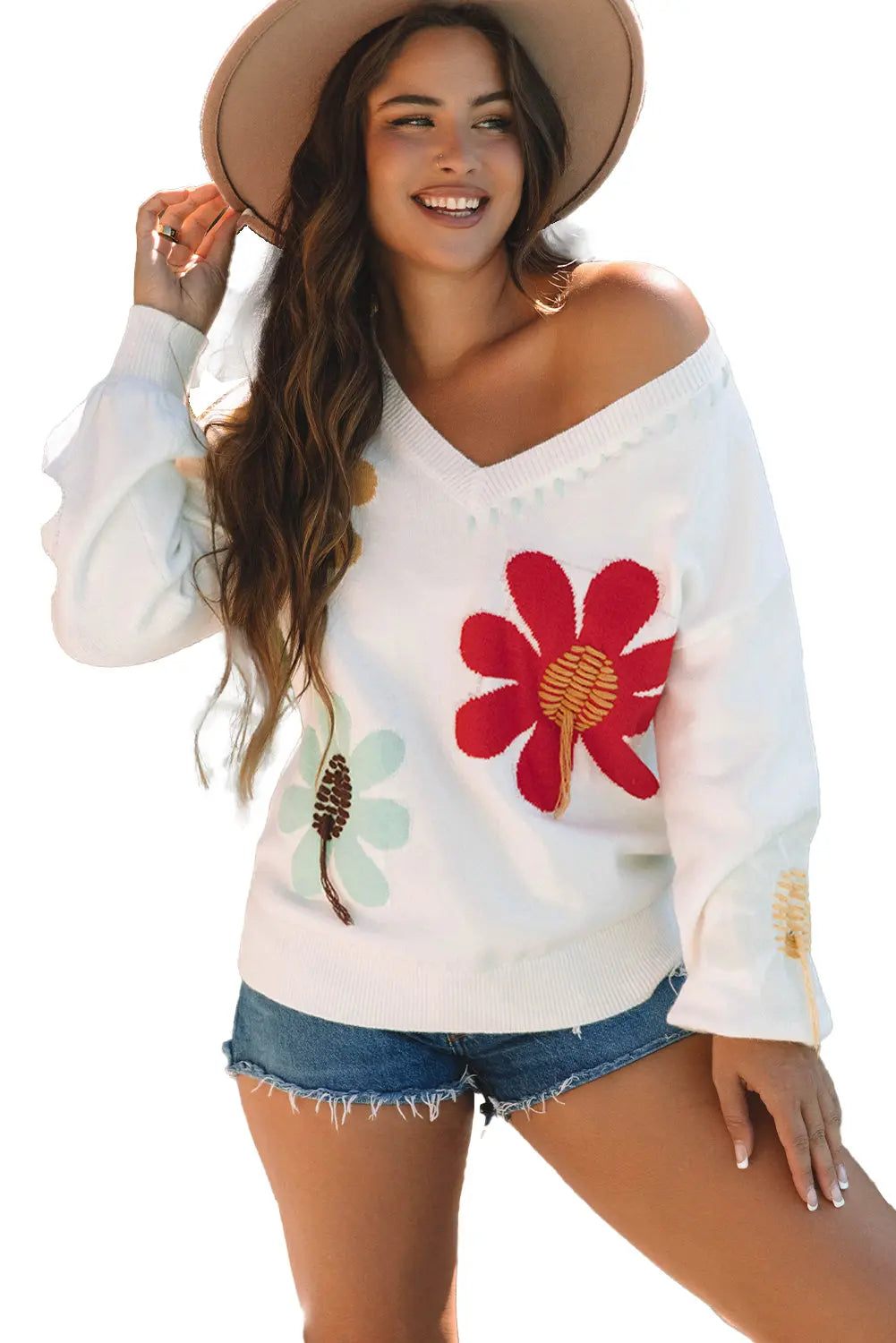 White Big Flower Pattern V Neck Drop Shoulder Sweater - BB Fashion Outlet