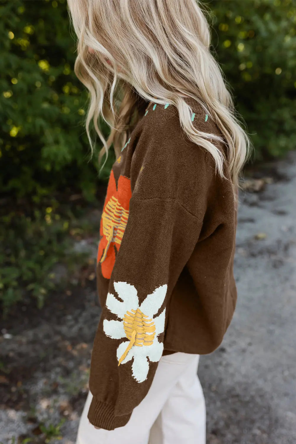 White Big Flower Pattern V Neck Drop Shoulder Sweater - BB Fashion Outlet
