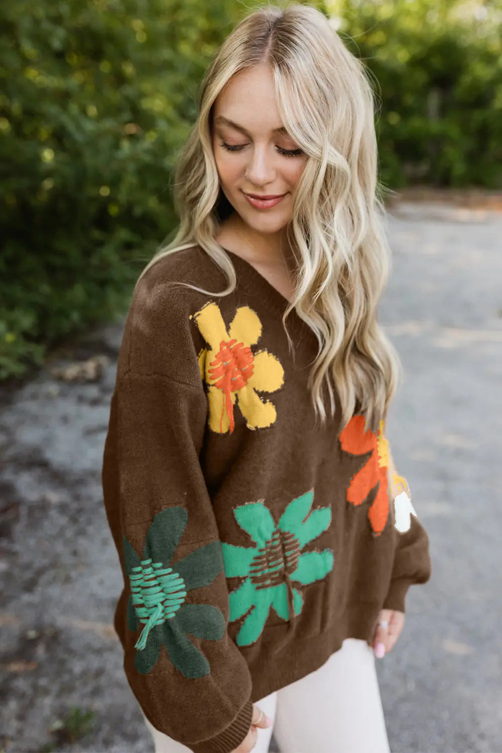 White Big Flower Pattern V Neck Drop Shoulder Sweater - BB Fashion Outlet