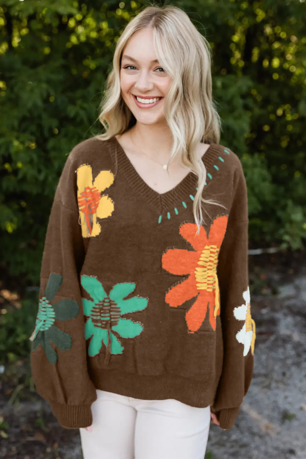 White Big Flower Pattern V Neck Drop Shoulder Sweater - BB Fashion Outlet