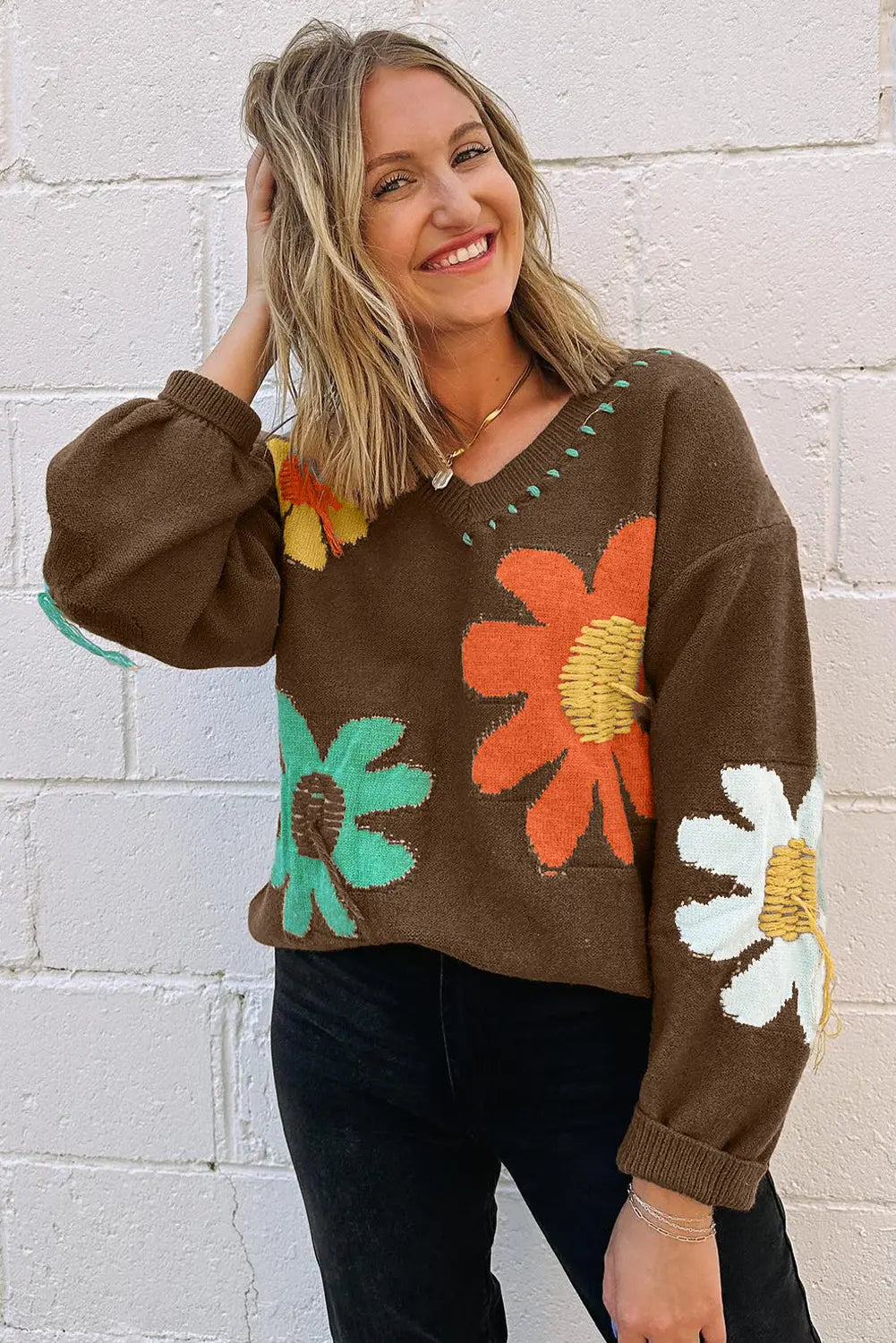 White Big Flower Pattern V Neck Drop Shoulder Sweater - BB Fashion Outlet