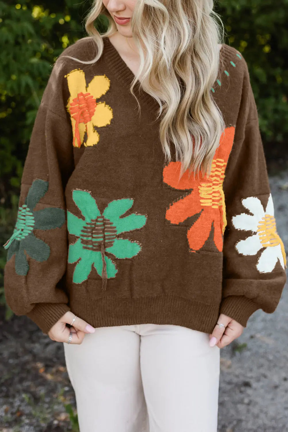 White Big Flower Pattern V Neck Drop Shoulder Sweater - BB Fashion Outlet