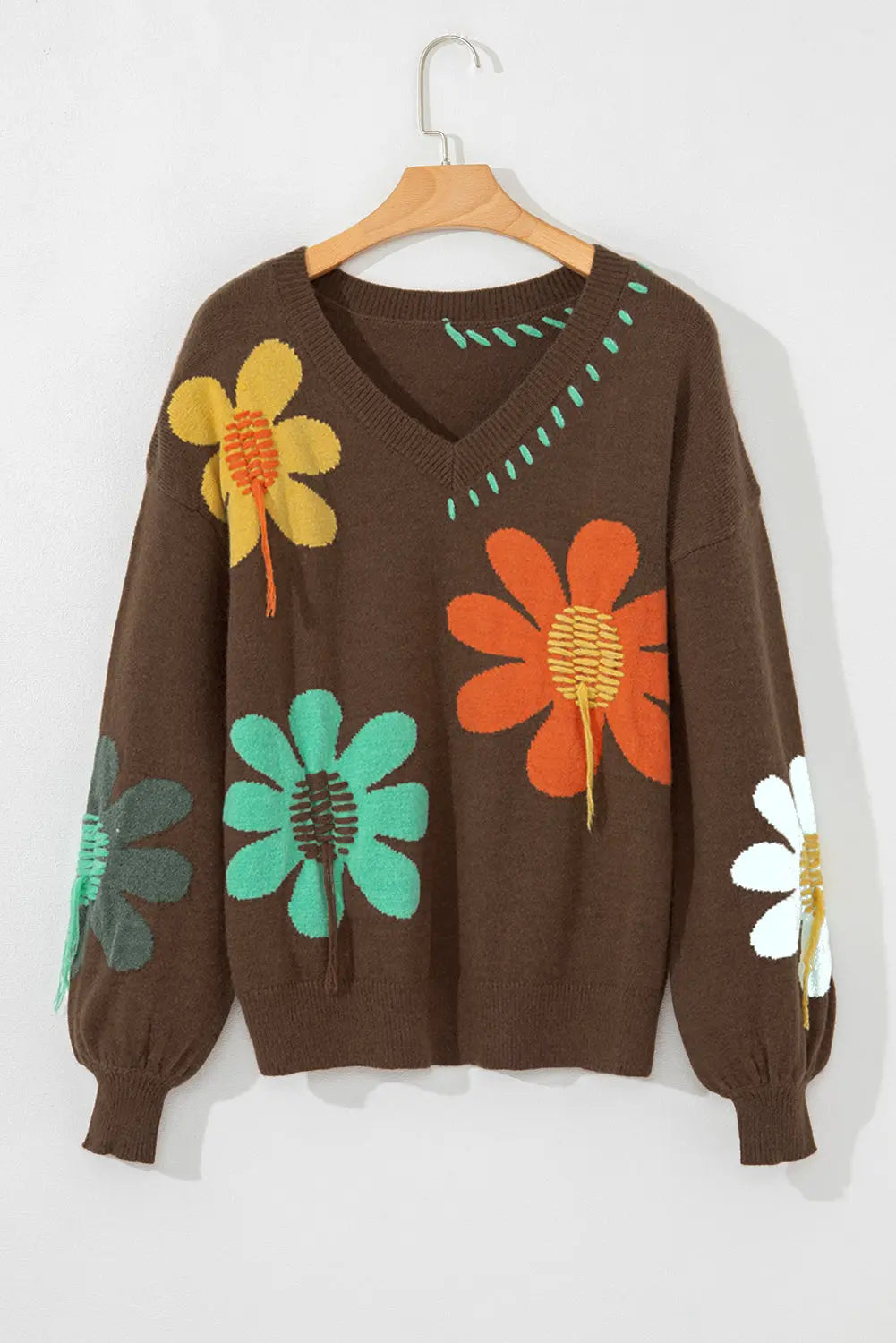 White Big Flower Pattern V Neck Drop Shoulder Sweater - BB Fashion Outlet