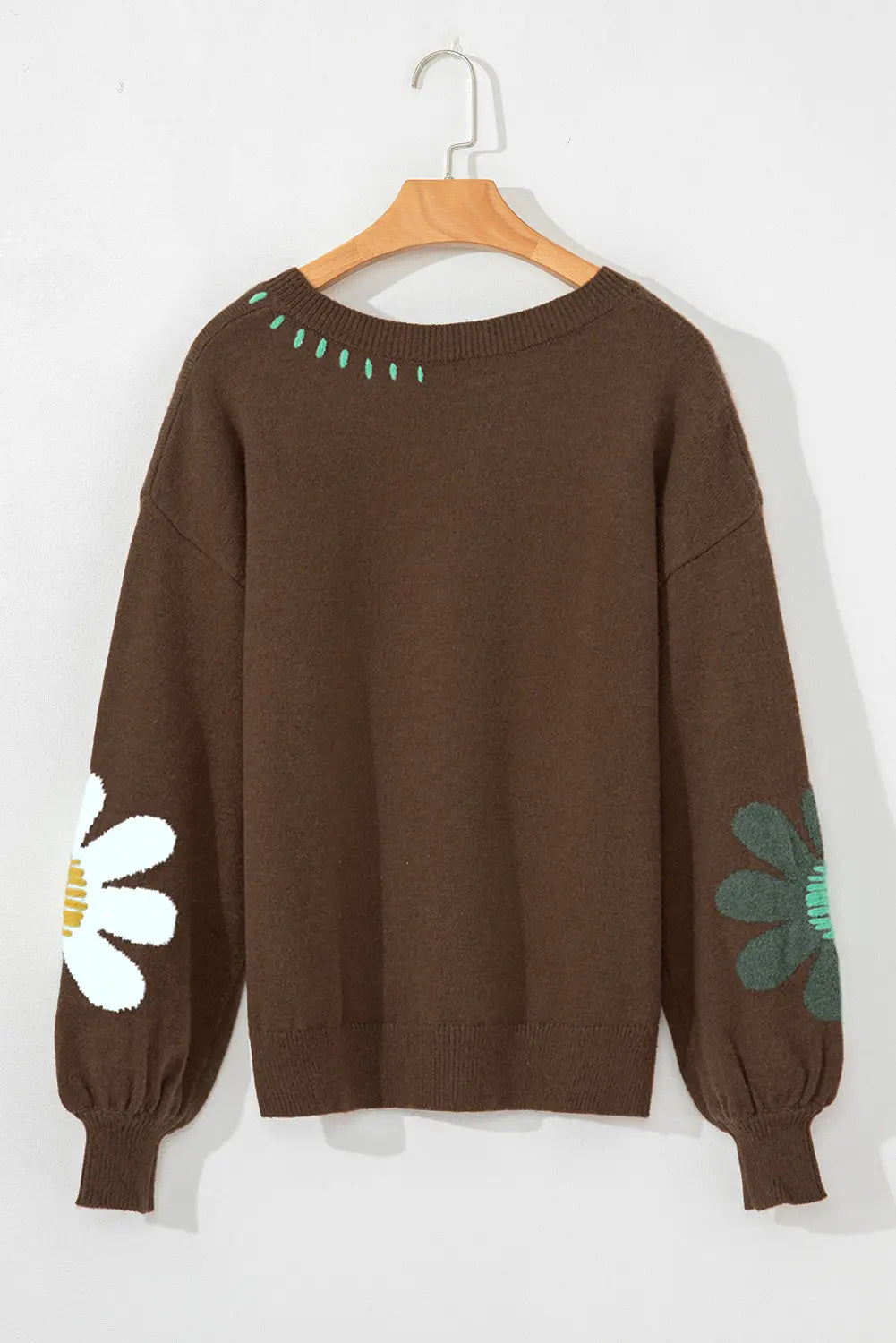 White Big Flower Pattern V Neck Drop Shoulder Sweater - BB Fashion Outlet