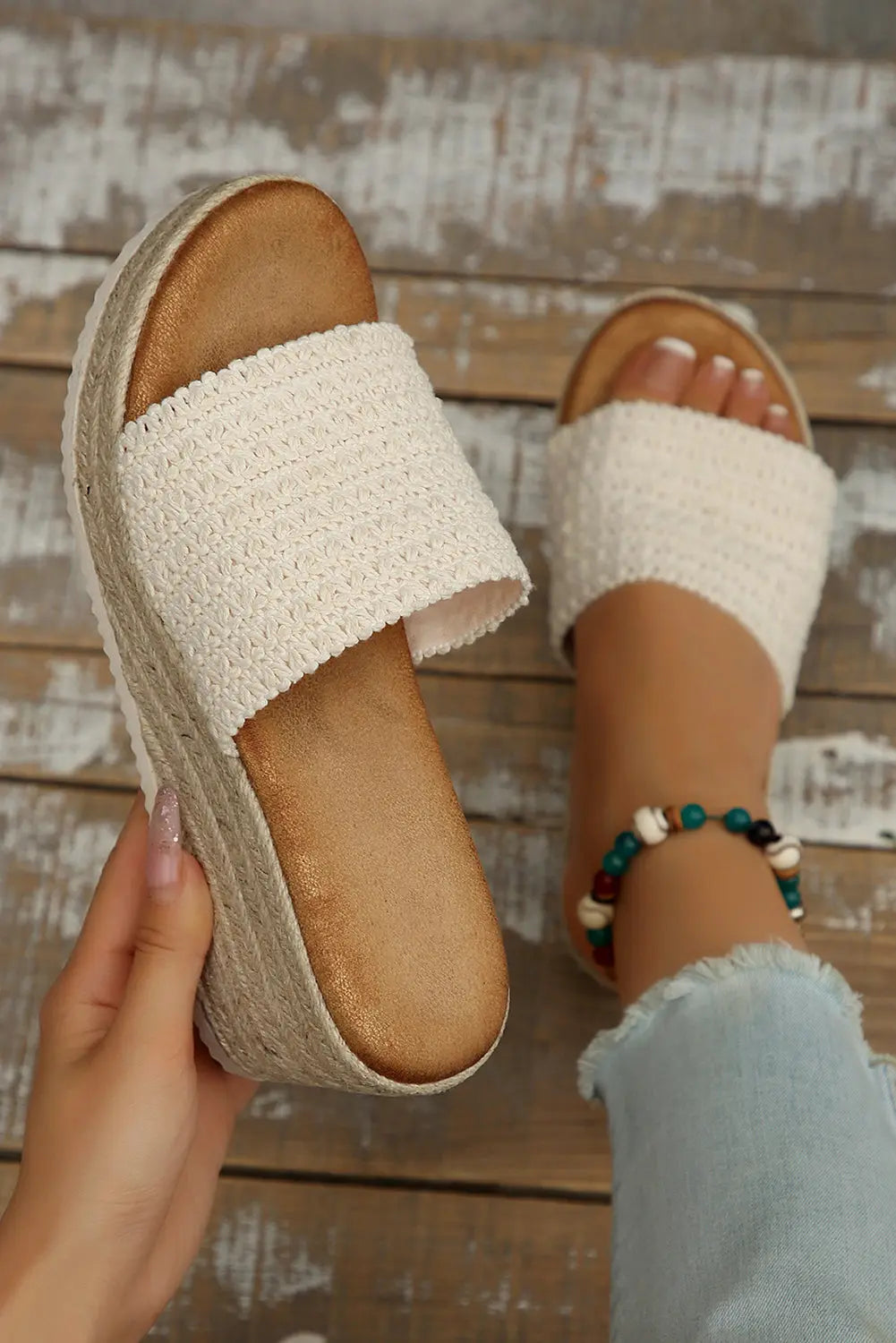 White Boho Woven One Band Wedge Sandals - eAura
