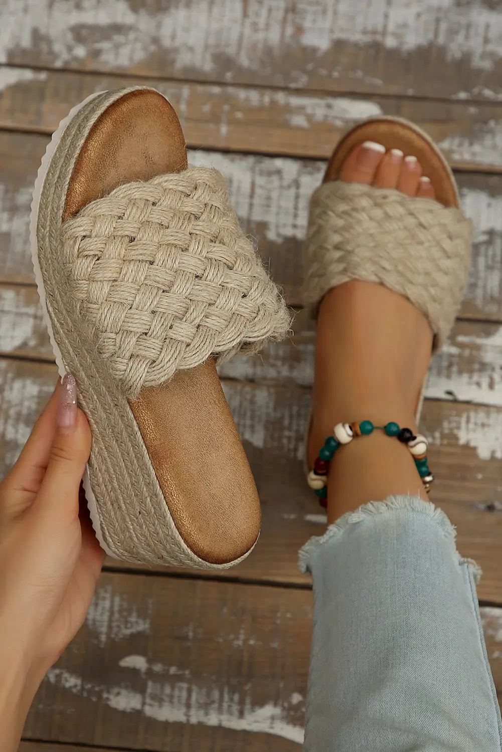 White Boho Woven One Band Wedge Sandals - eAura