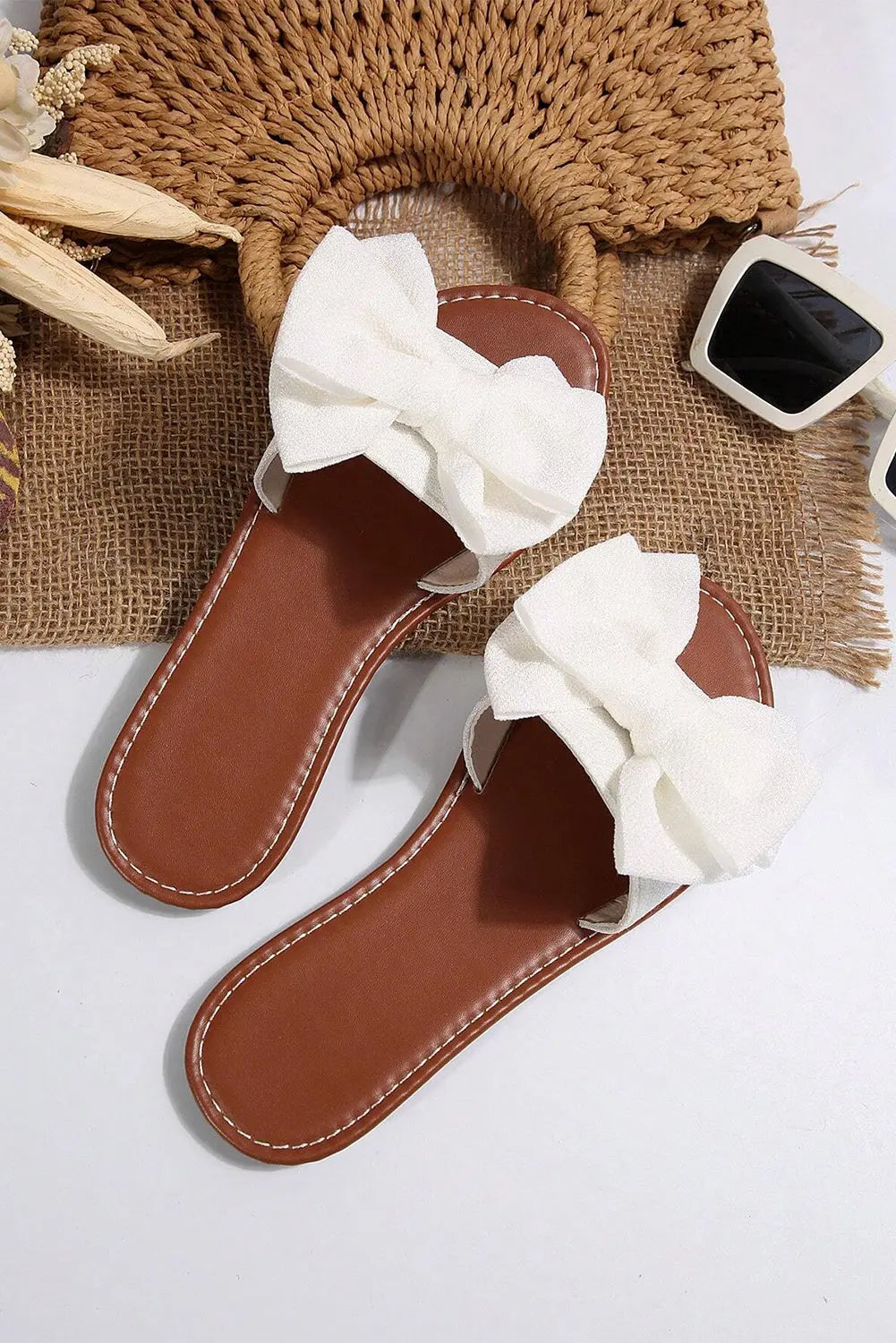 White Bow Decor Flat Sandals - eAura