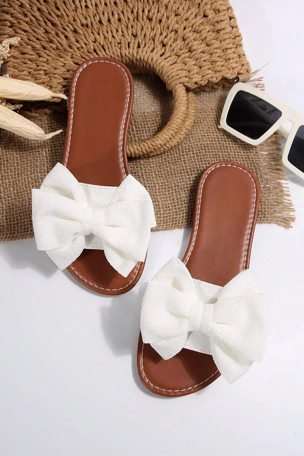 White Bow Decor Flat Sandals - eAura