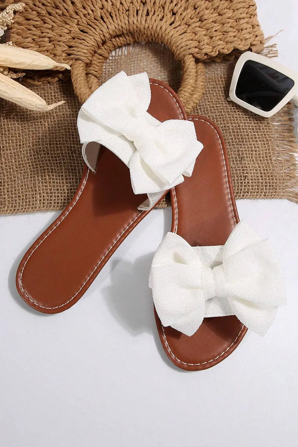 White Bow Decor Flat Sandals - eAura