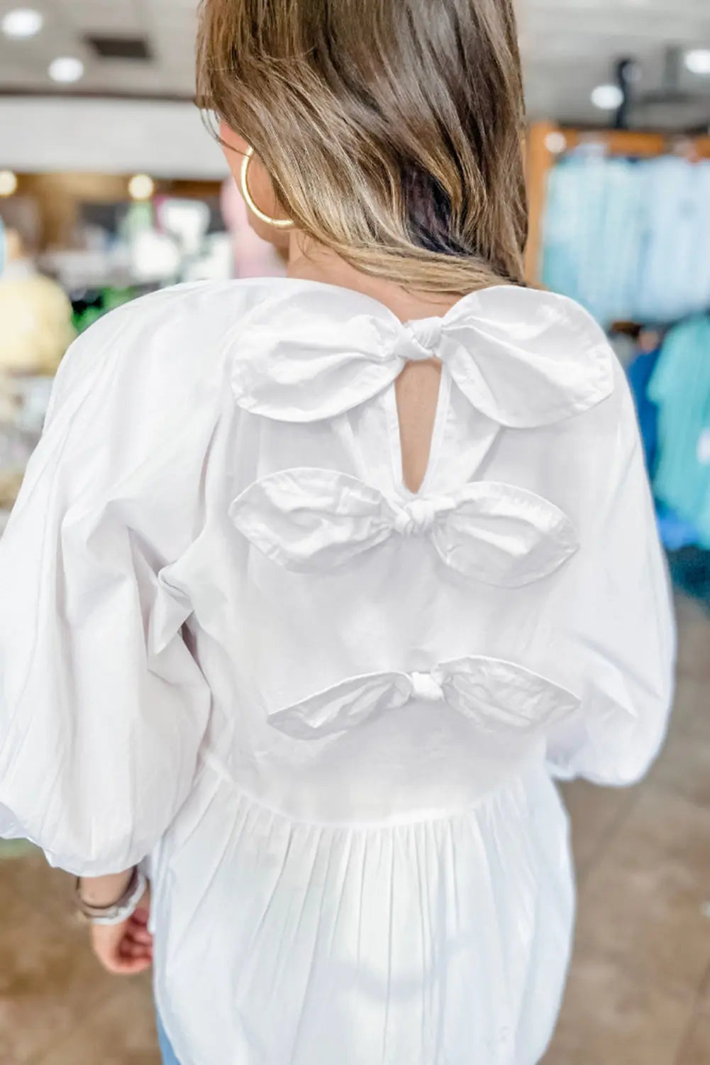 White Bow Knot Cutout Back Loose Fit 3/4 Sleeve Blouse - BB Fashion Outlet